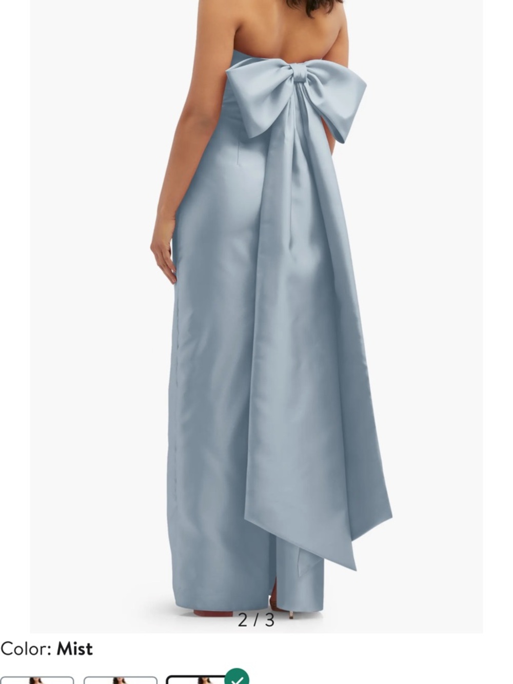 ALFRED SUNG Strapless Satin Gown with Oversized Bow in Mist Blue
